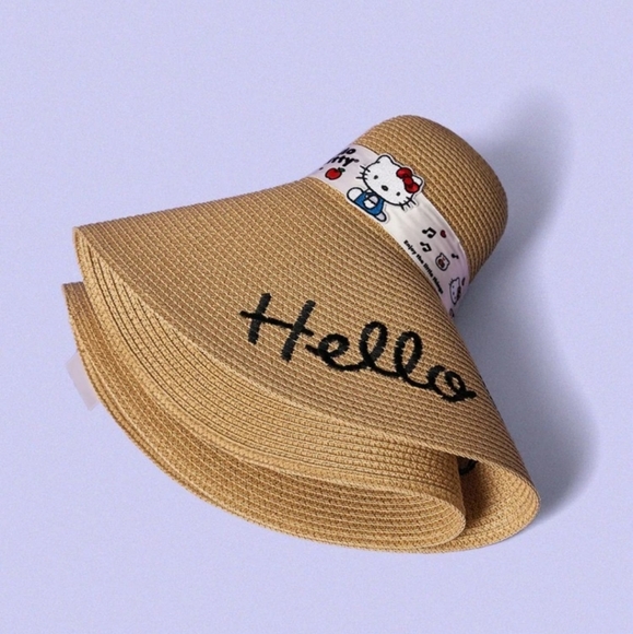 Hello Kitty Boho Wide Brim Floppy Straw Sun Hat Logo Ribbon Bow BRAND NEW - Picture 10 of 10